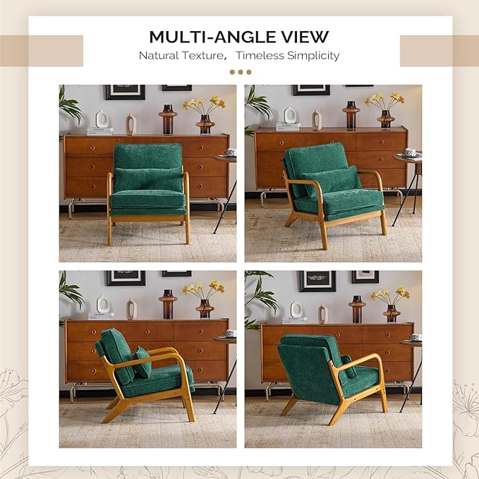VINGLI Chenille Mid-Century Modern Accent Chair, Cute Reading Arm Chair with Cushion & Lumbar Pillow & Solid Wood Frame for Lounge, Living Room, Reading Room, Bedroom, Forest-Green
