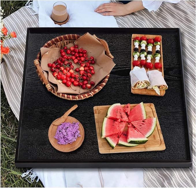 24 x 24 Inches Large Square Black Solid Wood Ottoman Tray, Serve Tea, Coffee or Breakfast in Bed, Classic Wooden Decorative Serving Tray with Raised Edges, Kitchen Party Bar Server Table Tray