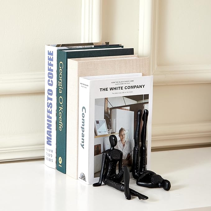 Denique Yoga Black Decorative Bookends, Cast Iron Book Ends to Hold Books, Book Ends for Shelves, Modern Book Stopper for Home Office Desk Decor, 1 Pair/2 Pieces