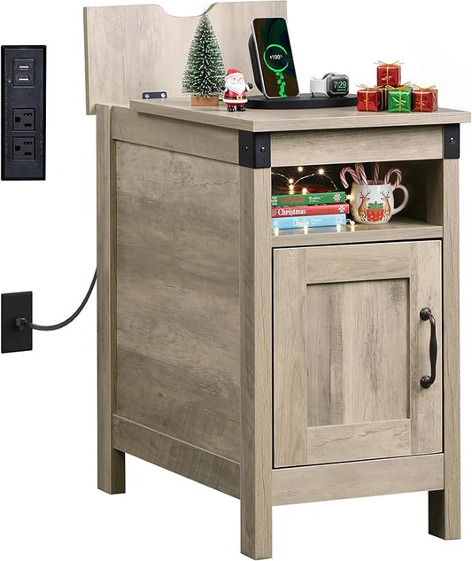 WLIVE End Table with Charging Station, Narrow Side Table for Living Room, Farmhouse Night Stand with Storage, Small Wooden Nightstand with USB Ports and Outlets for Living Room and Bedroom, Greige
