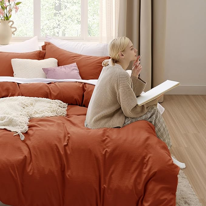 Bedsure Terracotta Duvet Cover Full Size - 3 Pieces Prewashed Extra Soft Cotton-Like Bedding Set, Includes 1 Duvet Cover 80x90 Inches with Zipper Closure & 2 Pillow Shams, Comforter Not Included