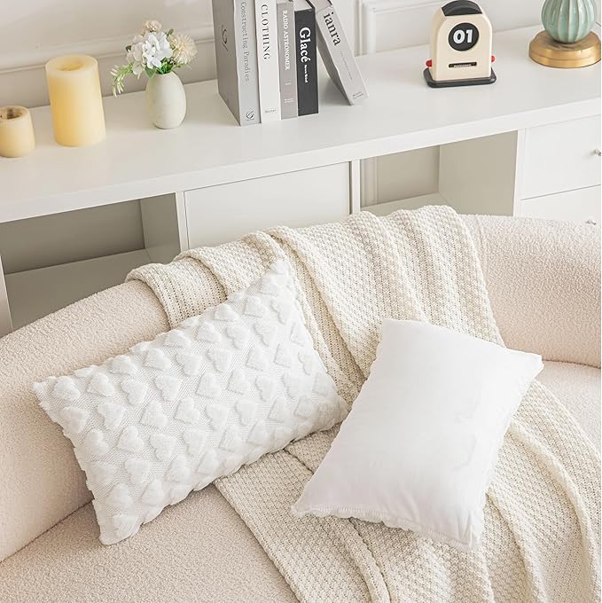 AQOTHES Set of 2 Heart Love Cute White Decorative Valentines Throw Pillow Covers 12x20, Soft Plush Faux Fur Pillow Covers for Couch Sofa Home Valentines Day Decoration