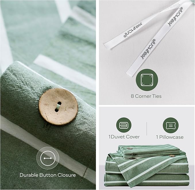 JELLYMONI Cotton Duvet Cover Twin Size - Green Striped Comforter Cover with Button 100% Washed Cotton 2PCS Breathable Soft Solid Bedding Set Duvet Cover 68×90in & 1 Pillowcase (NO Comforter)