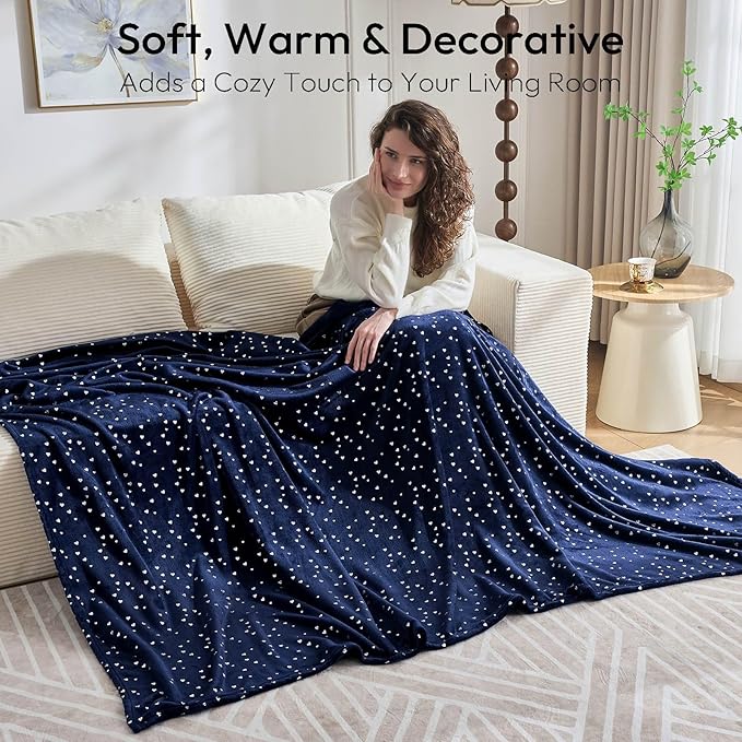 NANPIPER Fleece Blanket Heart Foil Print, Soft Lightweight Microfibe, All Season Premium Fluffy Throw for Sofa/Couch, Twin Size 65"x80" Navy Blue