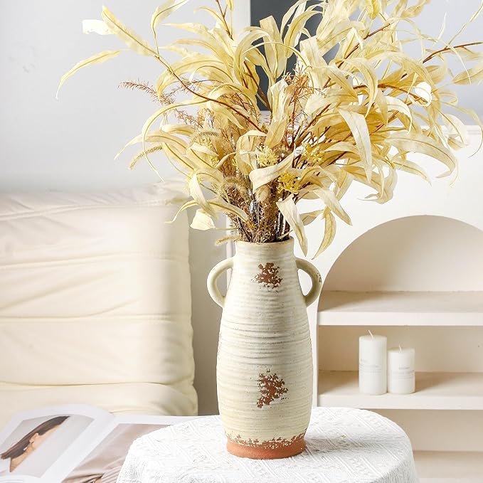 Ceramic Flower Vase with Handles, 12 inch Tall Vase for Centerpieces, Large Decorative Terracotta Vases, Farmhouse Rustic Vases for Home Decor, Living Room, Table, Neutral