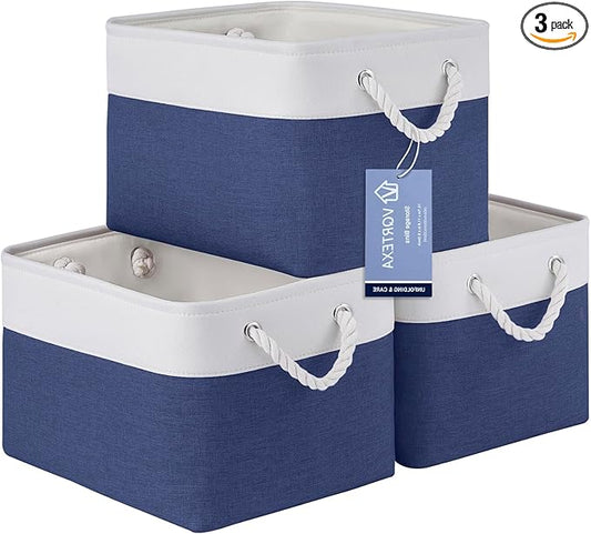 Large Storage Baskets- 15x11x10 inch Storage Bins for Shelves and Closet Organizing, Foldable Fabric Bin for Home Organization Clothes and Laundry (3-Pack, White&Blue)