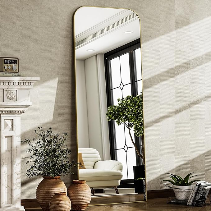 HARRITPURE 57"x20" Full Length Mirror, Gold Rounded Corner Aluminum Frame Standing Mirror, Hanging/Leaning Wall Floor Mirror with Stand for Living Room Bedroom Cloakroom