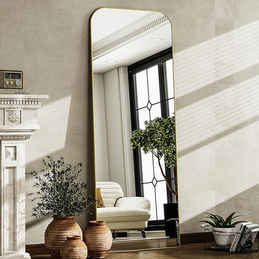 HARRITPURE 57"x20" Full Length Mirror, Gold Rounded Corner Aluminum Frame Standing Mirror, Hanging/Leaning Wall Floor Mirror with Stand for Living Room Bedroom Cloakroom
