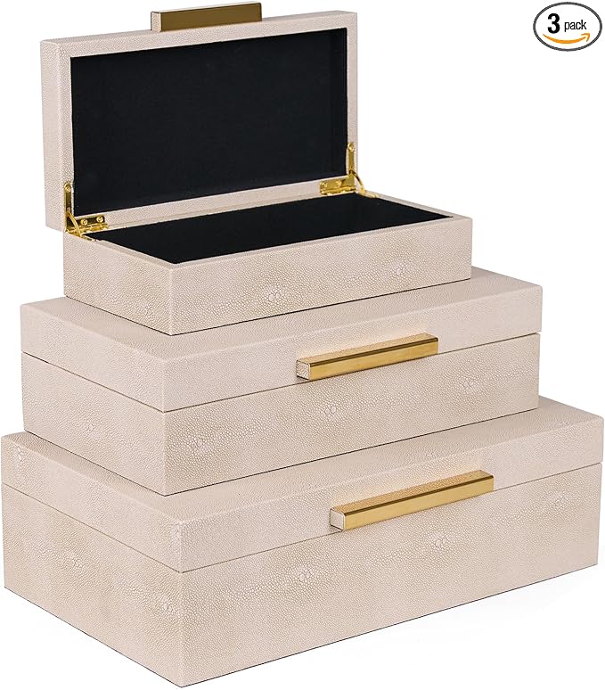 Hanna Roberts Ivory Shagreen Decorative Boxes Set of 3 Faux Leather Jewelry Boxes With Gold Metal Handles For Home Decor Womens Mens Jewelry Organizer