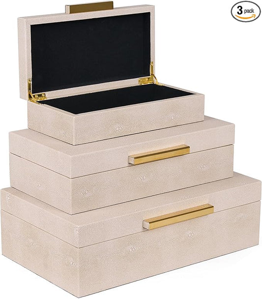 Hanna Roberts Ivory Shagreen Decorative Boxes Set of 3 Faux Leather Jewelry Boxes With Gold Metal Handles For Home Decor Womens Mens Jewelry Organizer