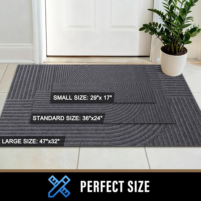 PLEASOR Front Door Mat Outside Entrance, Dirt Resistant and Absorbent Welcome Door Mat Outdoor Indoor,Sturdy Non-Slip Backing Entry Mat, Low Profile Doormat for Entryway, 36x24, Grey