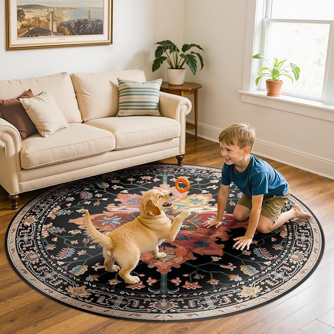 RELEANY Area Rugs 6ft Washable Non-Slip, Floral Vintage Distress Print Pattern Medallion Carpet for Living Room Bedroom Dining Room, Black Colorful Floral Dark Tan
