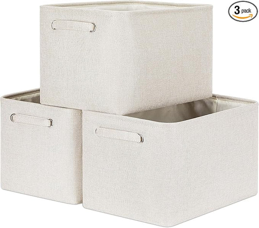 HNZIGE Large Fabric Storage Baskets for Storage 3 Pack Shelf Closet Storage Bins Baskets for Organizing Linen Cloth Decorative Baskets Organizers Home Nursery Toy Cream 15“ x 11” x 9“