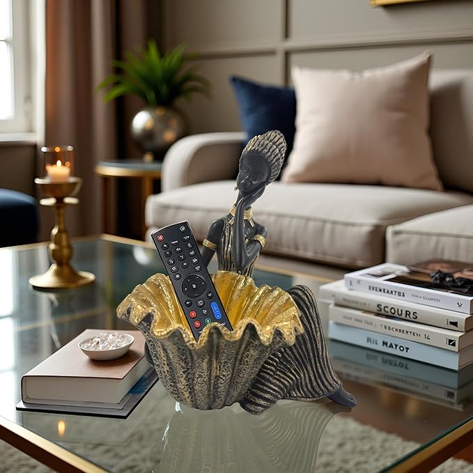 African Woman Sitting Figurine with Leaf-Shaped Bowl – Resin Statue, Black and Gold Cultural Sculpture, African Home Decor Trinket Dish
