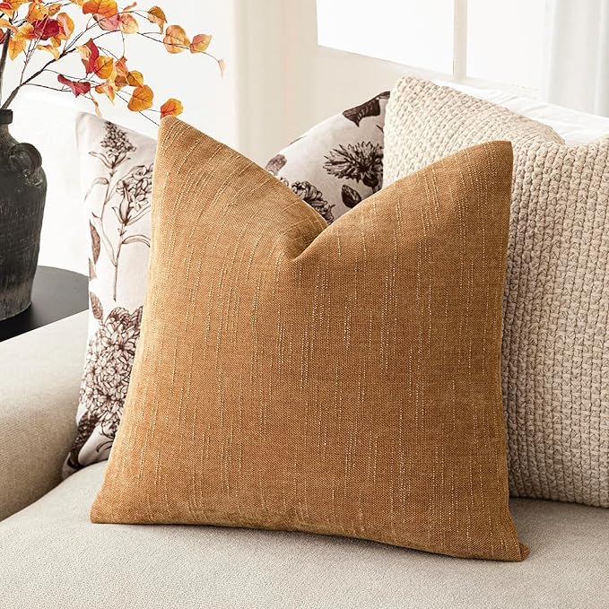 Foindtower Set of 2 Soft Textured Chenille Throw Decorative Pillow Covers Square Accent Solid Cushion Cover Neutral Farmhouse Pillow Case for Couch Sofa Bedroom Living Room 26x26 Inch,Golden Brown