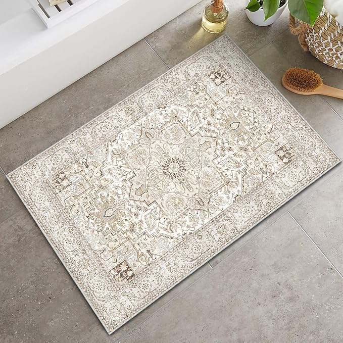 Fortsea Area Rug 2x3, Lightweight Washable Rugs for Entryway Bathroom Kitchen, Ultra-Thin Absorbing Low Pile Non Slip Rubber Rugs Backing, Durable Aesthetic Vintage 2x3 Rug (Cream/Light Beige, 2X3)