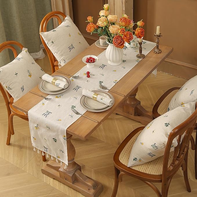 Linen Table Runner with TasselsSet of 1 Runner and 2 Placemats Boho Daisy Embroidered 12x72 Inches Flax Beige for Farmhouse Dining Table Buffet Nightstand Decor Home and Commercial Use