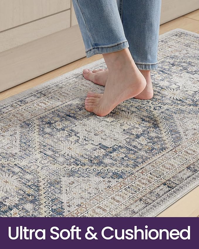DEXI Kitchen Floor Mats Anti Fatigue, 23x86 Large Long Cushioned Vintage Runner Rug Waterproof, Standing Comfort Memory Foam Padded for Front Sink Laundry Office, White