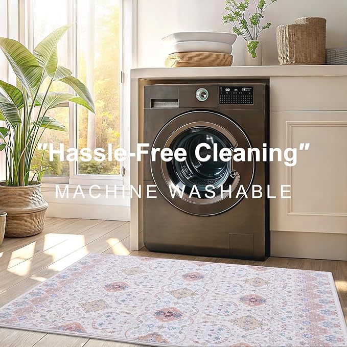 Vanmoos 4x6 Area Rug - Machine Washable, Non-Slip Soft Carpet for Living Room, Bedroom, Office, Dining Room - Durable Accent Rug for Farmhouse & High-Traffic Areas, Charm/Beige