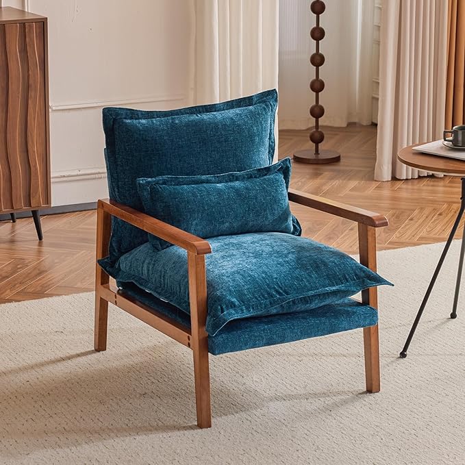 VINGLI Mid-Century Modern Cloud Accent Armchair with Lumbar Pillow, 6.3'' Thick Seat Cushion Comfortable Reading Chair with Wooden Armrests，Boho Lounge Chair for Bedroom, Living Room, Chenille, Teal