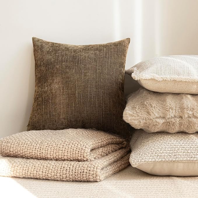 Foindtower Pack of 2 Textured Chenille Throw Decorative Pillow Covers Square Accent Solid Cushion Cover Neutral Farmhouse Lumbar Pillow Case for Couch Sofa Bedroom Living Room 12x24 Inch,Taupe Brown