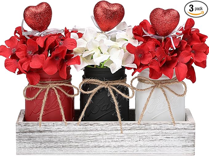 Valentines Table Decor, Valentines Mason Jar Centerpiece for Table with Wood Tray, Black Painted Decorative Mason Jars for Valentine‘s Decorations Kitchen Decor, Mothers Day Gift for Women