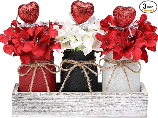 Valentines Table Decor, Valentines Mason Jar Centerpiece for Table with Wood Tray, Black Painted Decorative Mason Jars for Valentine‘s Decorations Kitchen Decor, Mothers Day Gift for Women