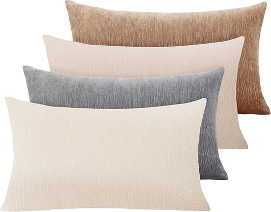 Set of 4 Neutral Throw Pillow Covers 12x20 Inch, Neutral Boho Farmhouse Aesthetic Decorative Pillow Cases for Couch, Sofa, Living Room & Bed, Soft Chenille Pillow Cases, Stylish Home Decor, 30x50 cm
