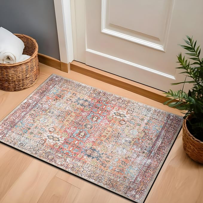 Rugshop Multi Transitional Distressed Accent Rug — Machine Washable & Non‑Slip, 2'x3' for Entryway, Kitchen and Bathroom