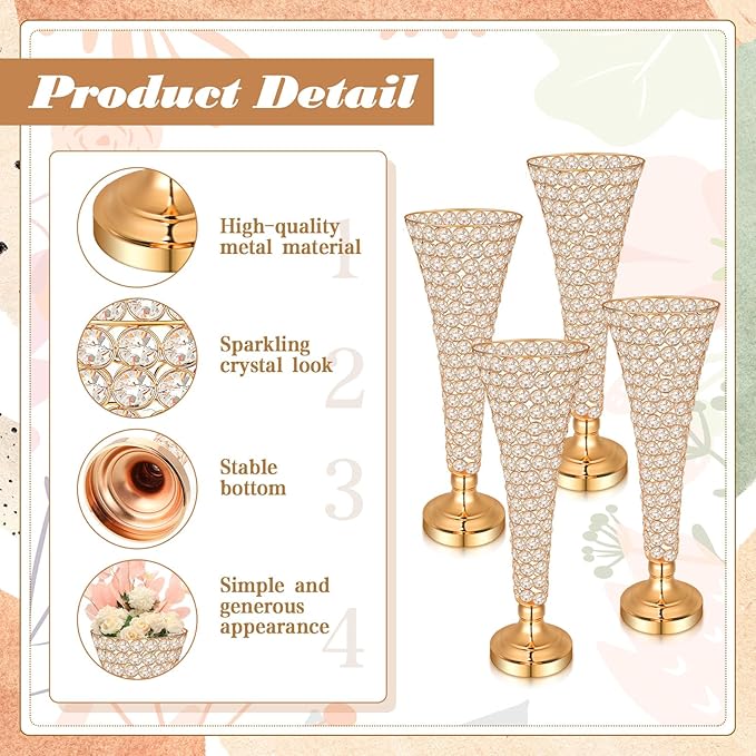Rtteri 4 Pcs 20 Inch Tall Crystal Vase for Centerpieces Wedding Christmas Metal Crystal Trumpet Flower Vase Stand for Holiday Table Floor Wedding Banquet Celebration, Classic Elegance(Gold)