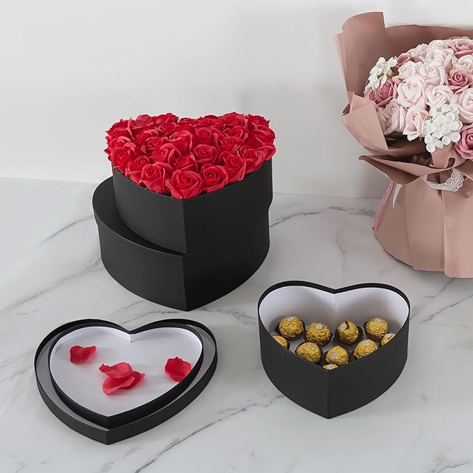 Soul & Lane Heart Shaped Gift Boxes: Set of 3 Empty Paper Mache Boxes with Lids for Flowers, Gifts, Chocolate Strawberries & Special Occasions, Cardboard Black Heart Shaped Box for Arrangements