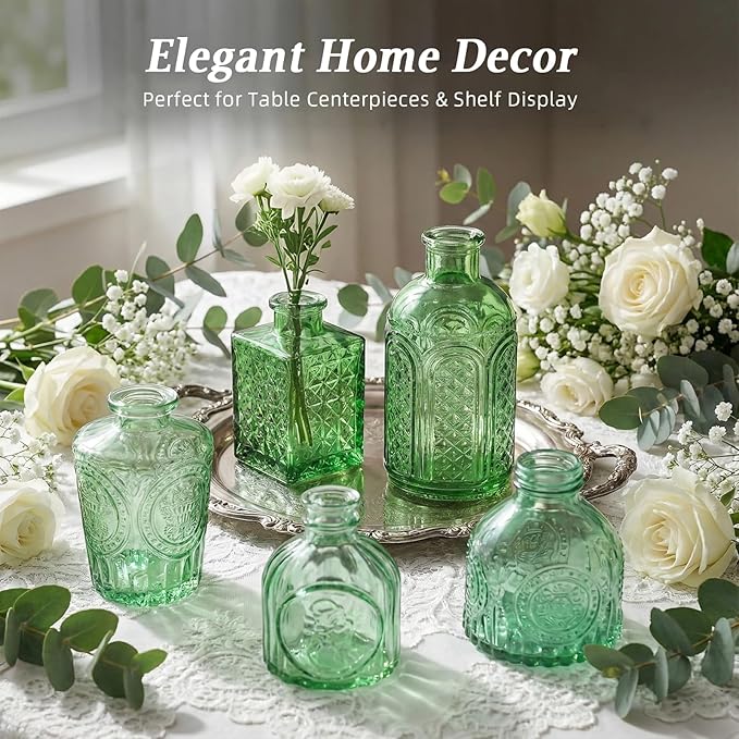 Set of 15 Green Colored Glass Bud Vases - Small Textured Flower Vases for Centerpieces, Wedding Table Decor, Retro Home Decor Bulk Vase Set for DIY, Events & Gifts