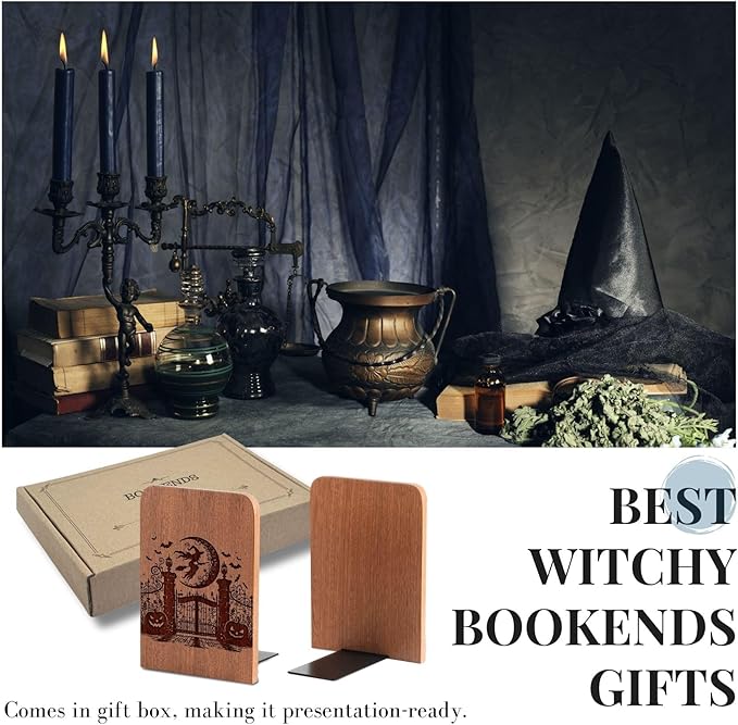 Goth Gifts for Women Men, Gothic Bookends, Heavy Duty Wooden Book Ends for Shelves Decorative(1 Pair, 4.72x6.69 Inches) - Witch