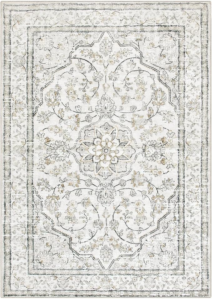 Lahome Beige Area Rug 5x7 Non Slip Washable Oriental Traditional Distressed Rugs for Bedroom Soft Low Pile Neutral Modern Farmhouse Decor Vintage Living Room Indoor Floor Accent Carpet