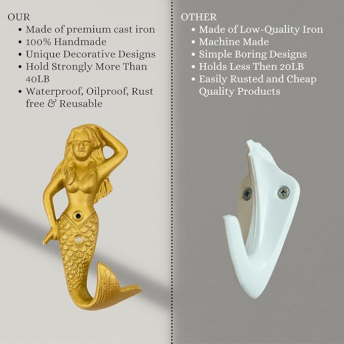 Set of 2 Cast Iron Mermaid Coat Hooks Wall Art Decor-Mermaid Hangers and Key Holder-Clothes Rack and Backpack Hanger-Coat Hooks Home Decor for Storage, Living Room, Hallway, Office (Gold)