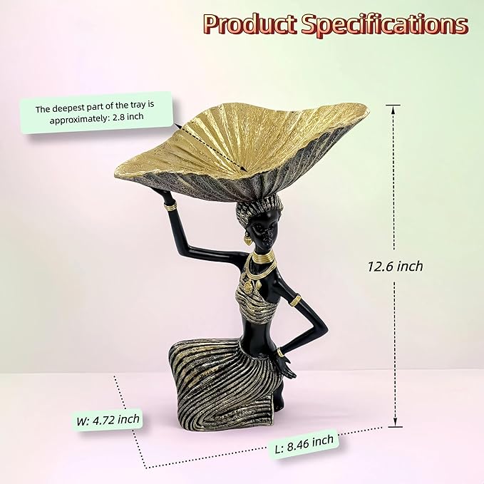 African Woman Carrying Bowl Statue – Resin Figurine, Black and Gold Tribal Sculpture, African Cultural Decor, Jewelry Candy Holder Dish