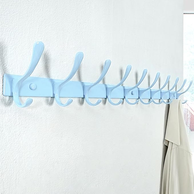 SKOLOO Coat Rack Wall Mounted - 10 Hooks, Heavy Duty, Stainless Steel, Metal Wall Hanger, Sturdy Coat Hooks for Hanging Coats, Jacket, Clothes, Hat, Blue
