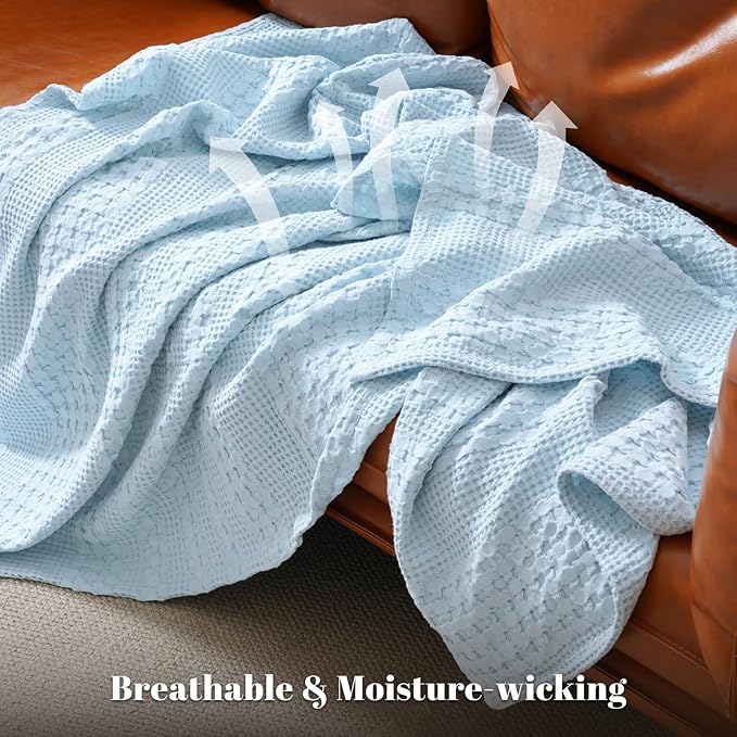 PHF 100% Cotton Waffle Weave Blanket King Size for Bed, Soft Lightweight & Breathable, All-Season Comfort, 300 GSM Luxury Aesthetic Blanket for Home Decor, 108"x90", Baby Blue