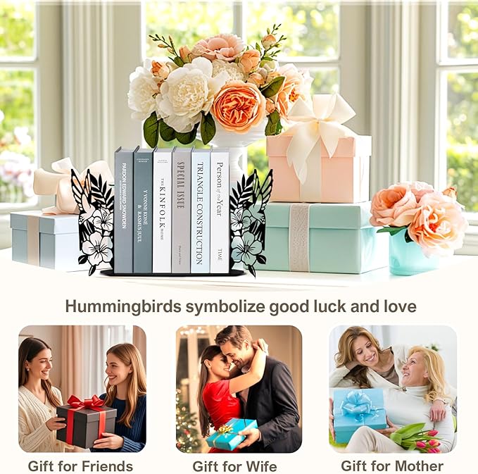 ENCIMART Bird Metal Bookends for Shelves Cute Flower Book Ends for Heavy Books Bookshelf Decorative Objects Office Home Desk Bookshelf Decor Book Lover Hummingbird Gifts for Women (Black)