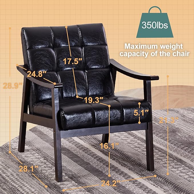 Hjaustevy Leather Accent Chair, Upholstered Arm Chair, Mid-Century Modern Chair with Solid Wood Legs, Lounge Reading Chair with High Back for Living Room, Bedroom, Waiting Room, Black