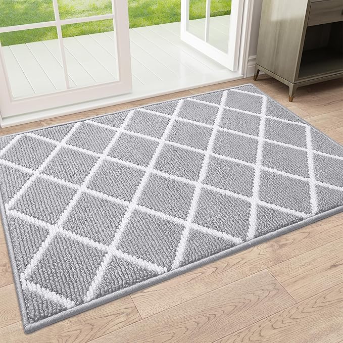 Finchitty Indoor Door Mat, Dirt Resistant and Absorbent, Low-Profile, Non-Slip, Washable Inside Floor Mats for Front Door, Back, and Entrance, 32" x 20", Light Grey