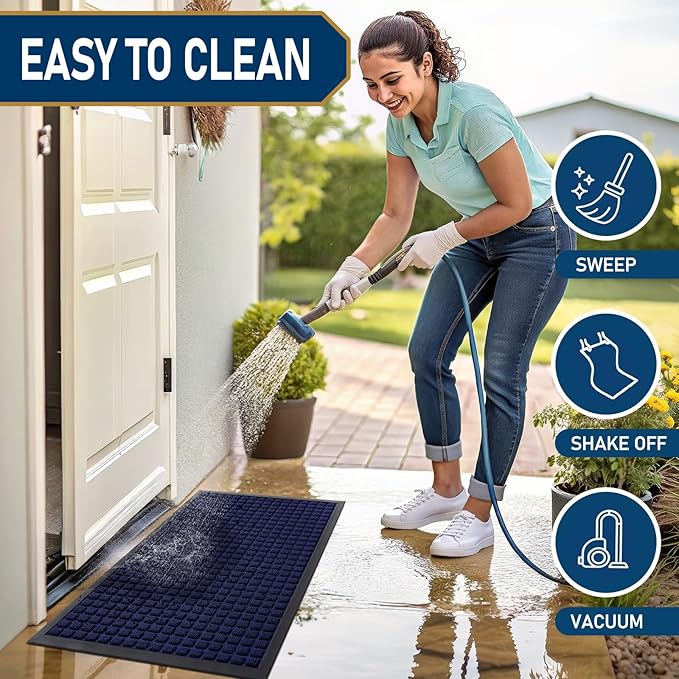 Smiry Front Door Mat Outside Entrance, Heavy Duty Natural Rubber Doormat, Non Slip, Trap Dirt and Moisture, Easy Clean, Low Profile Welcome Floor Mats for Indoor Outdoor Entry, 29.5x17 Inch, Navy Blue