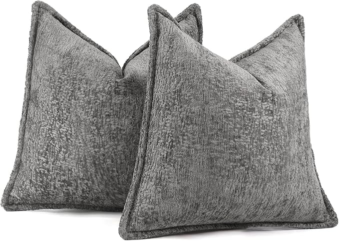 DEZENE Pack of 2 Grey Decorative Throw Pillow Covers 20x20 Cozy Soft Chenille Accent Vintage Square Couch Pillow Covers for Home Decor Bed Sofa Living Room