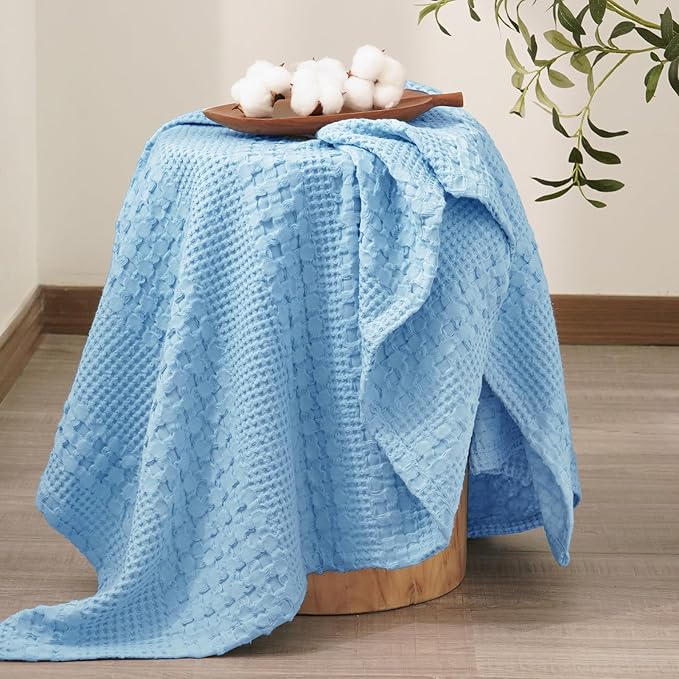 PHF 100% Cotton Waffle Weave Throw Blanket, Soft Lightweight Breathable Cozy Throws for Couch Bed Sofa, 300 GSM Luxury Aesthetic Blanket Gift for Home Decor & Office, 50"x60", Airy Blue