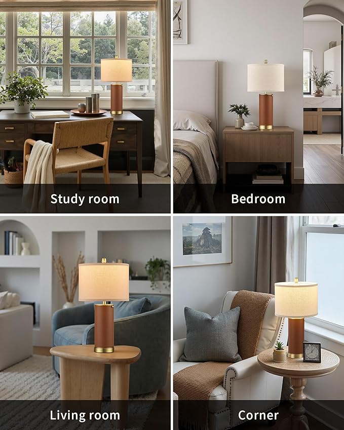 KDG 23.4" Brown PU Leather Table Lamps for Living Room Set of 2, 3 Level Brightness LED Modern Home Decor Fabric Lampshade Desk Lamp Lighitng for Bedroom, Bedside, Farmhouse, Nightstand, Night Light