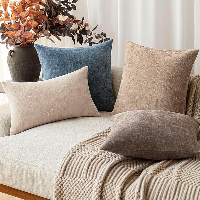 Foindtower Pack of 2 Soft Textured Chenille Throw Decorative Pillow Covers Square Accent Solid Cushion Cover Cozy Neutral Farmhouse Pillow Case for Couch Sofa Bedroom Living Room 16x16 Inch,Blue