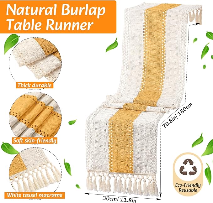 6 Sets Boho Placemats Round Woven Placemats, Cloth Napkins, Wood Bead Napkin Rings, Long Table Runner and Farmhouse Rustic Burlap Cotton for Kitchen Dining Table Home (Yellow)