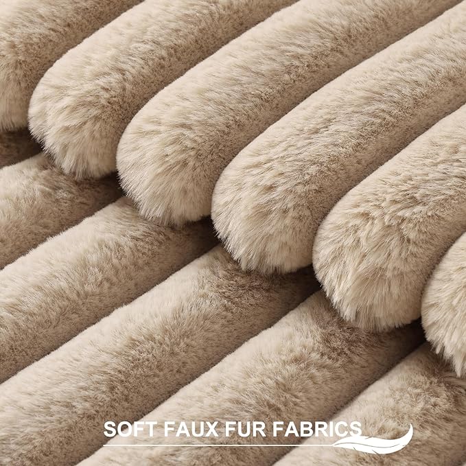Pallene Faux Fur Plush Throw Pillow Covers 26x26 Set of 2, Luxury Soft Fluffy Striped Decorative Pillow Covers for Sofa, Couch, Living Room, Khaki