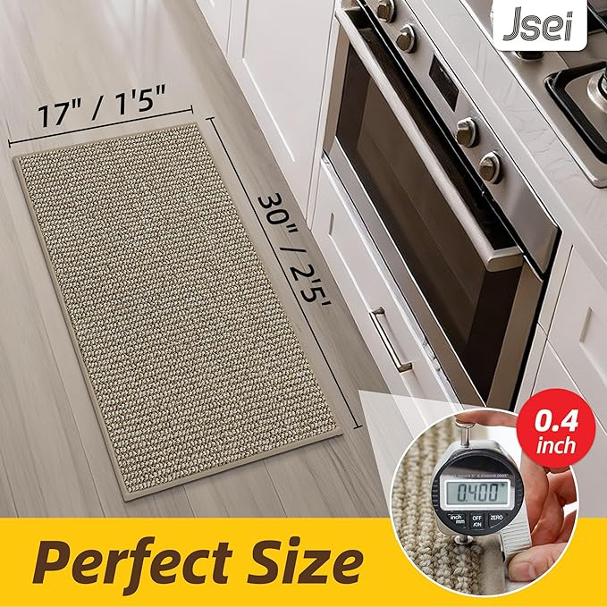 JSEI Kitchen Rugs, 17''x30'' Non-Slip Kitchen Mats for Floor, Machine Washable Absorbent and Stain Resistant Kitchen Runner, Carpet Mats with TPR Backing for Kitchen, Beige