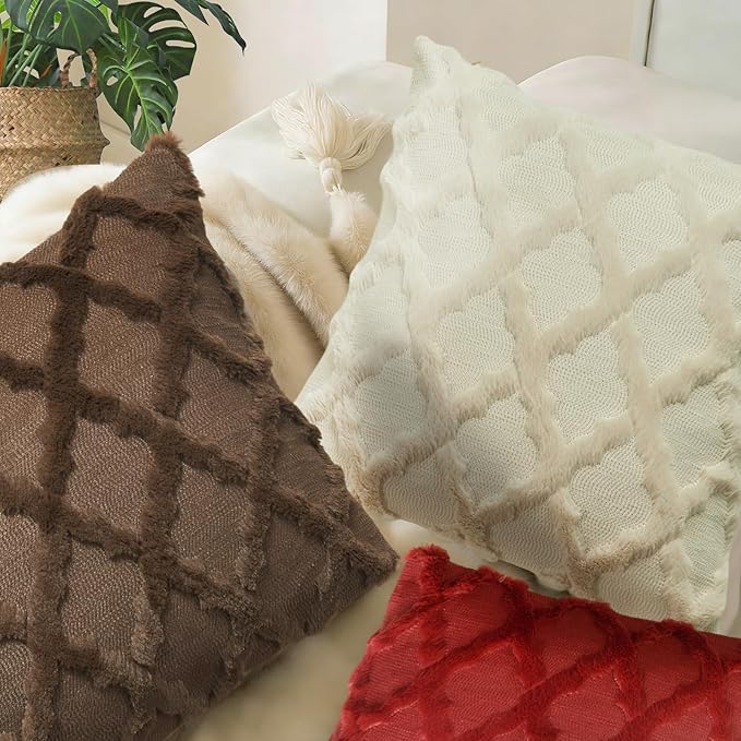 EMMTEEY Boho Pillow Cases 18x18 Inch Set of 2, Striped Embroidered Faux Fur Pillow Covers - Wrinkle Free & Decorative Accent Cushion for Sofa Couch Bed (Burgundy)